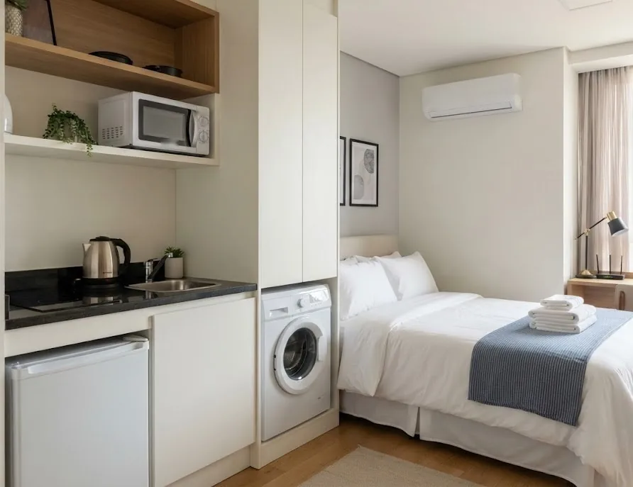 Studio apartment with kitchenette, washing machine, air conditioner and fresh towels