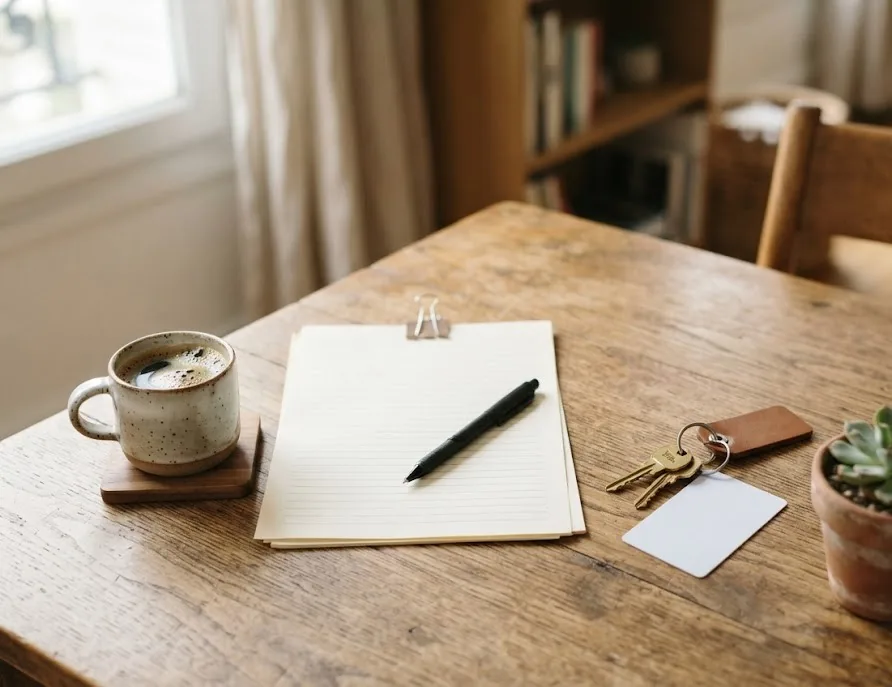 Apartment keys, keycard, blank paperwork and coffee on a wooden table
