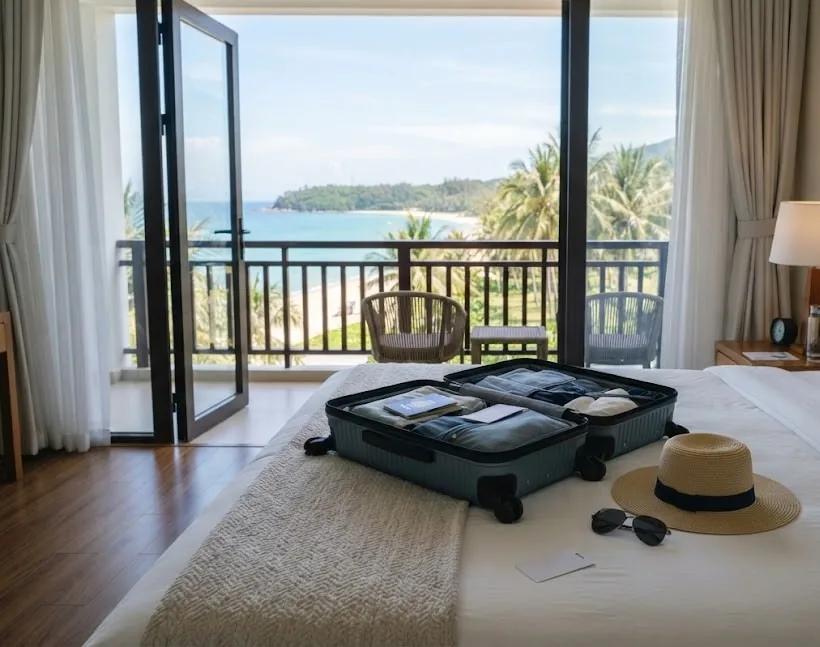 Packed suitcase, sun hat and key card on a hotel bed with a sea view balcony