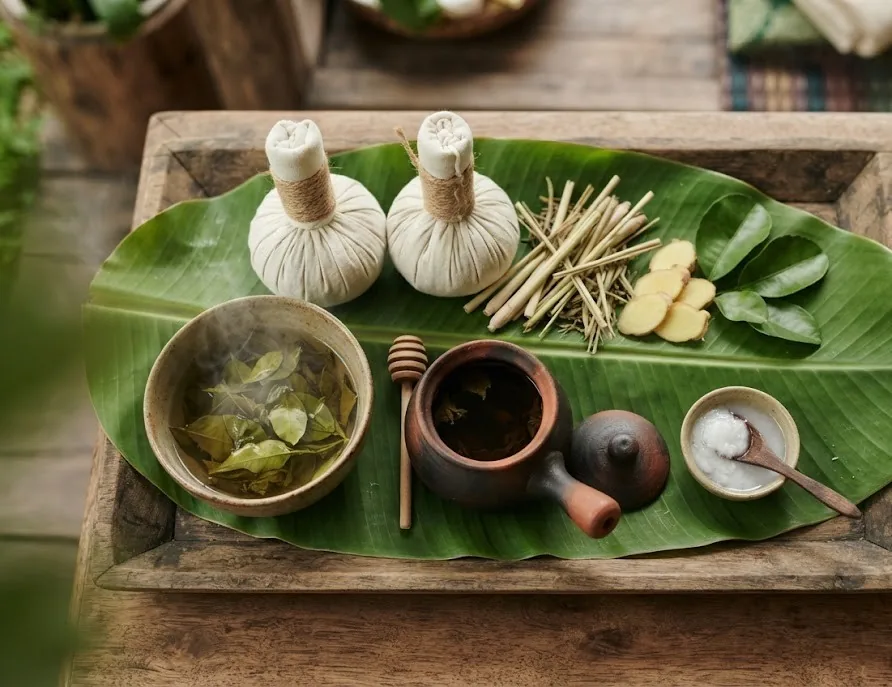 Herbal compresses, lemongrass, ginger, herbal steam bowl and clay teapot on a banana leaf