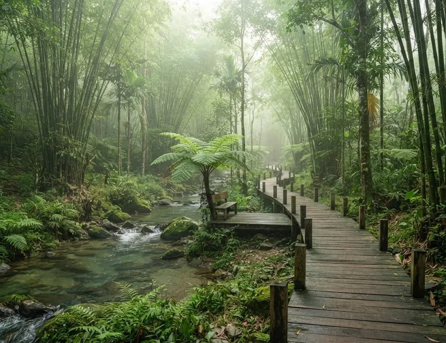 Wooden boardwalk and bench through a misty bamboo forest beside a clear stream