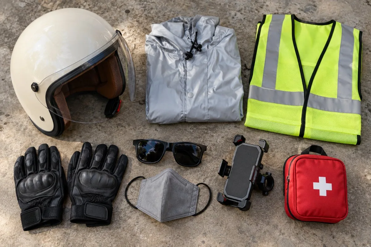 Open face helmet, rain jacket, reflective vest, gloves, sunglasses, mask, phone mount and first aid kit