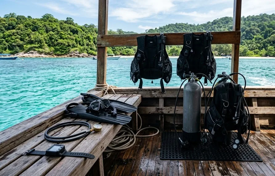 Dive cylinders, buoyancy jackets, fins and mask laid out on a dive boat deck in turquoise water