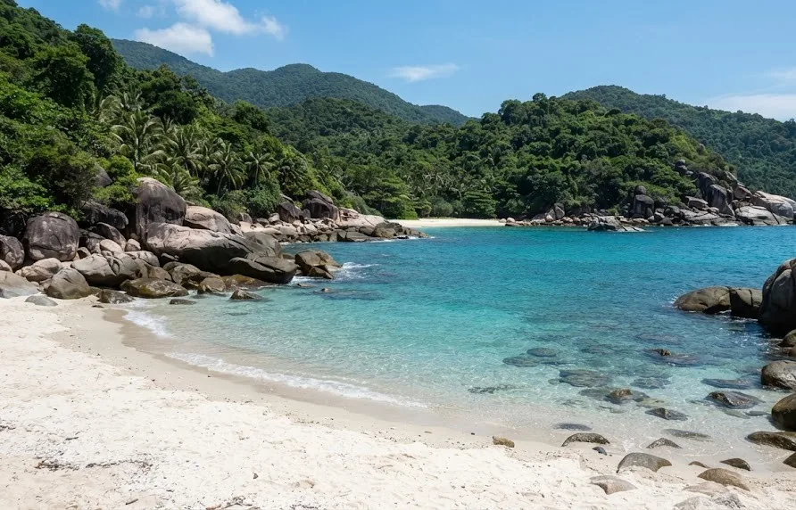 Small white sand cove with granite boulders, turquoise water and jungle hills