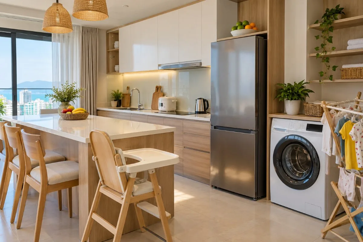Apartment kitchen with high chair, rice cooker, fridge, washing machine and drying rack