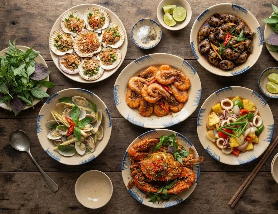 Seafood spread: grilled scallops, lemongrass clams, prawns, chili crab and squid with pineapple