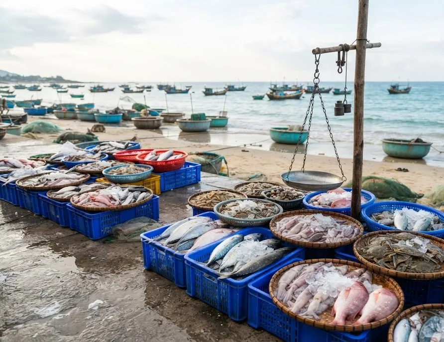 Beach fish market with baskets of fresh fish, squid and crabs beside basket boats