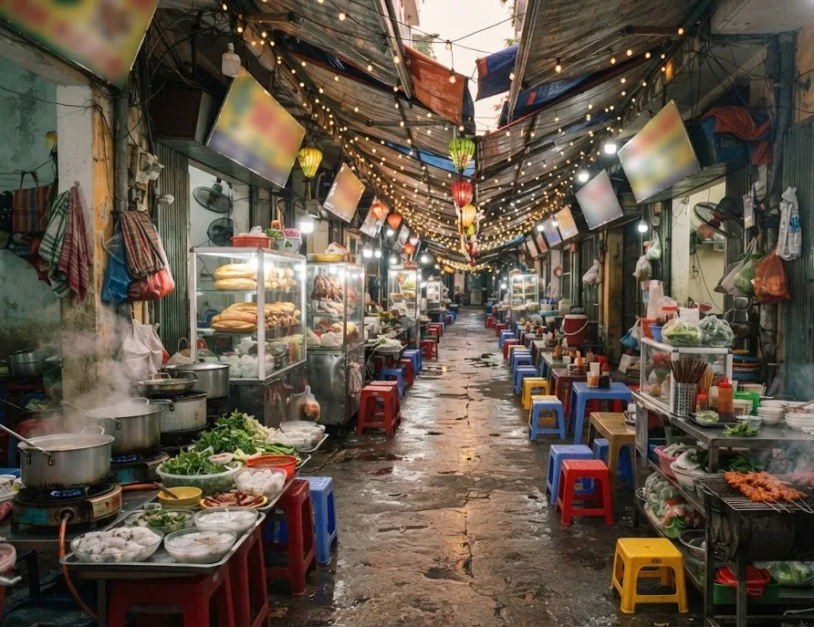 Lantern-lit food alley with steaming pots, banh mi cabinets and colorful stools