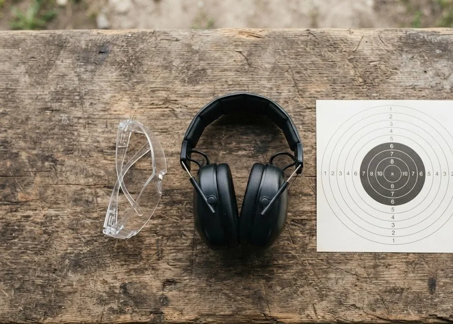 Safety glasses, over-ear hearing protection and a paper target laid out on a wooden bench