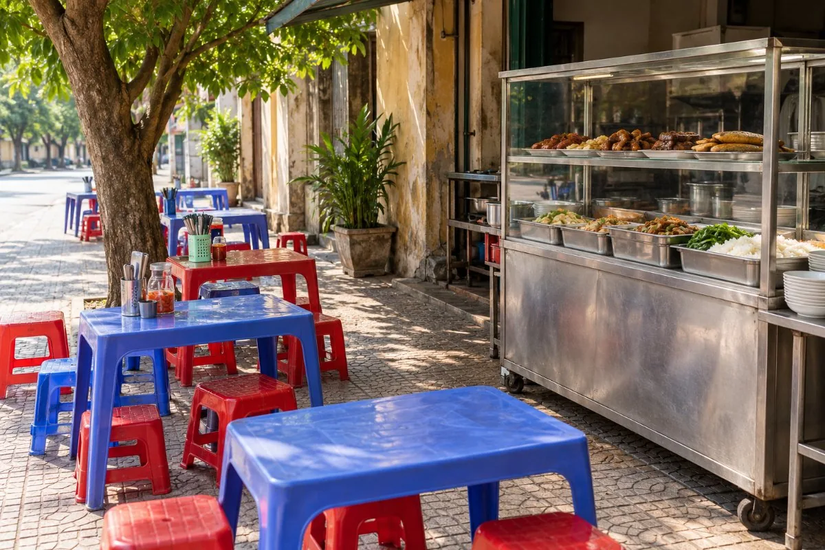 Sidewalk eatery with plastic tables and stools beside a food cart of rice dishes