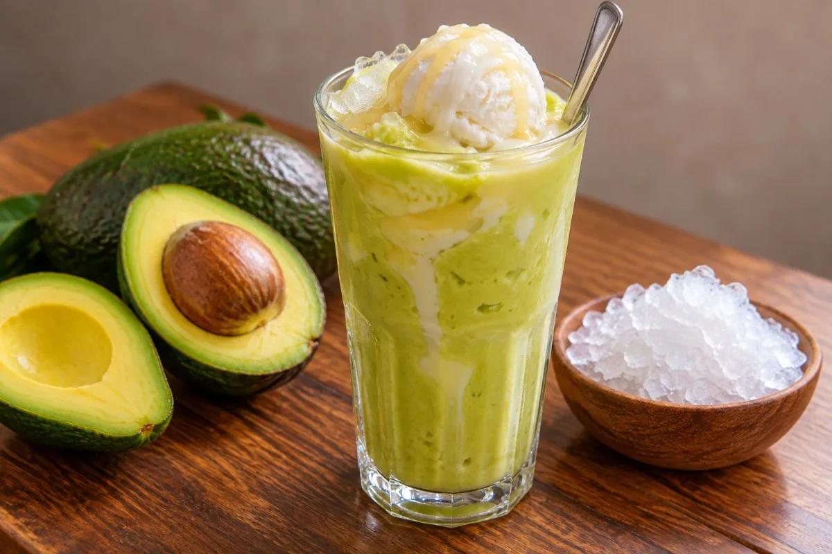 Avocado smoothie with condensed milk and coconut ice cream beside halved avocados