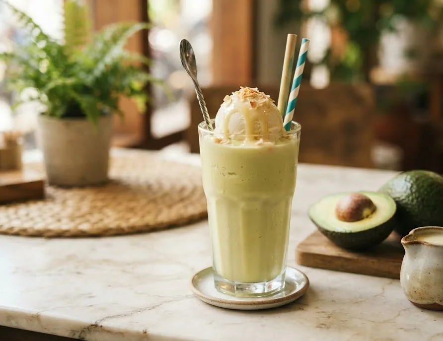 Avocado smoothie topped with coconut ice cream beside a halved avocado