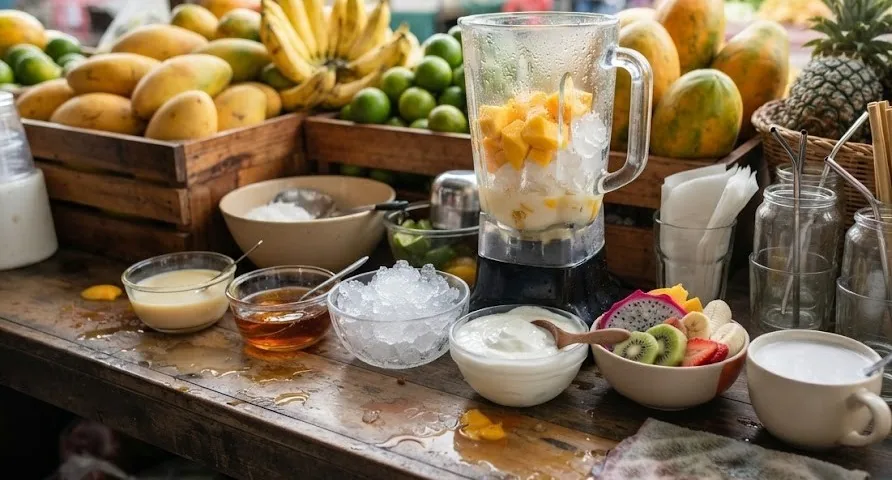 Smoothie stall counter with a blender of mango and ice, condensed milk, yogurt and fruit