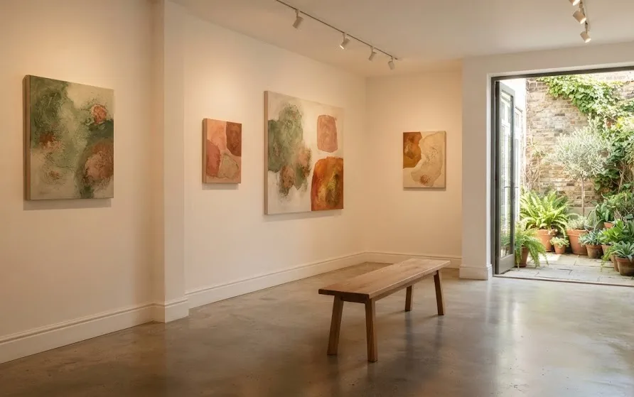 White-walled gallery room hung with muted abstract canvases, a wooden bench and a sunlit courtyard beyond