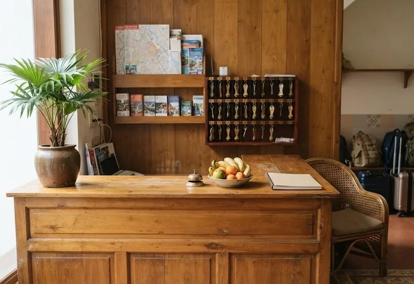 Wooden reception desk with a bell, fruit bowl, key rack and brochure shelf