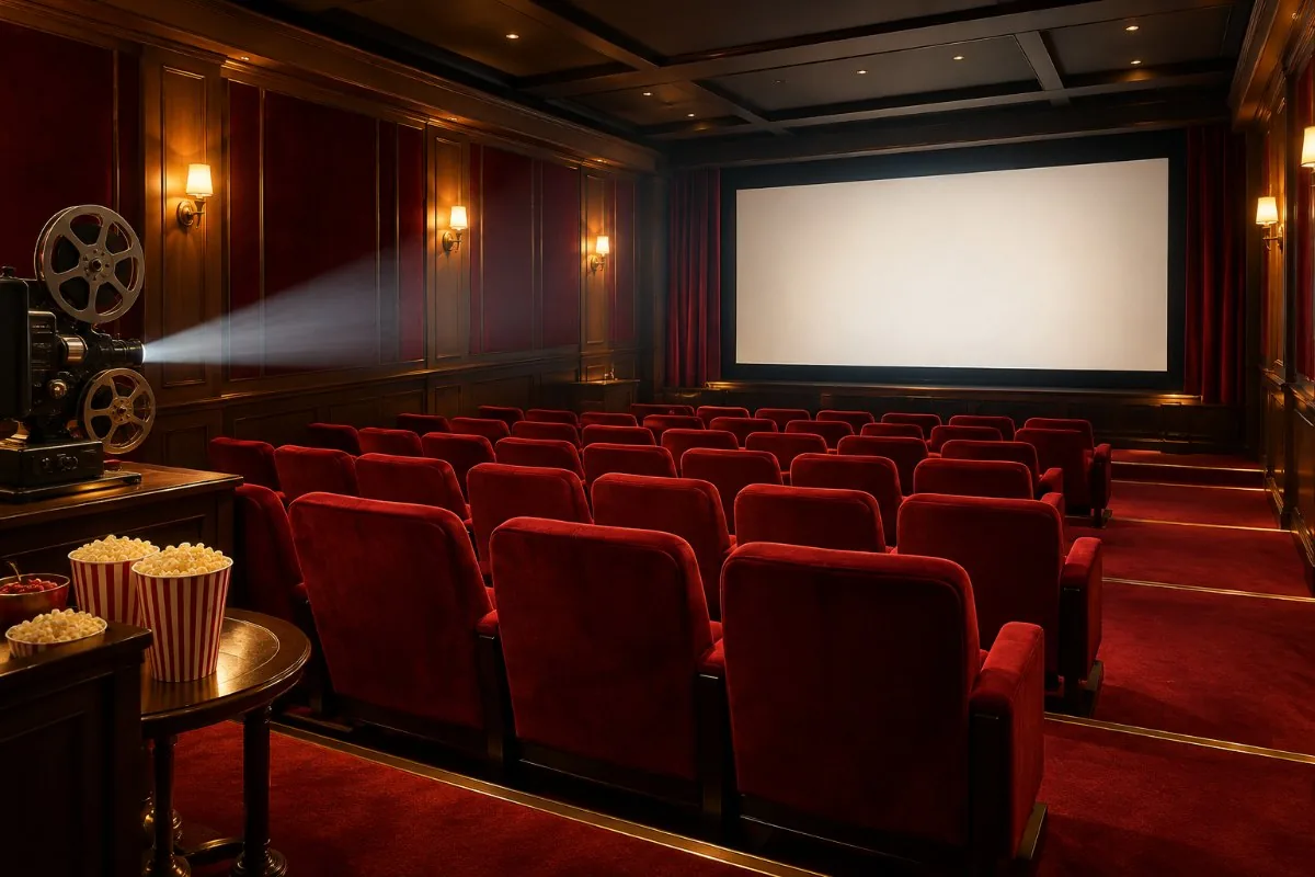 Intimate screening room with red velvet seats, a vintage projector and popcorn