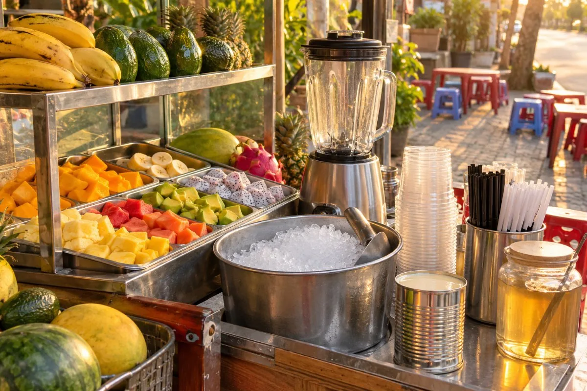 Smoothie stall with a blender, trays of cut fruit, crushed ice, condensed milk and cups