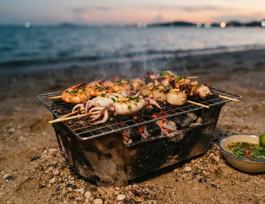 Squid, prawn and scallop skewers grilling on a charcoal grill on the beach at dusk