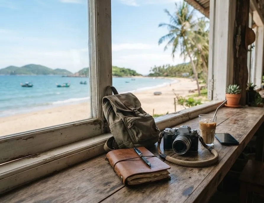 Solo traveler window seat with a backpack, journal, camera and iced coffee facing the beach
