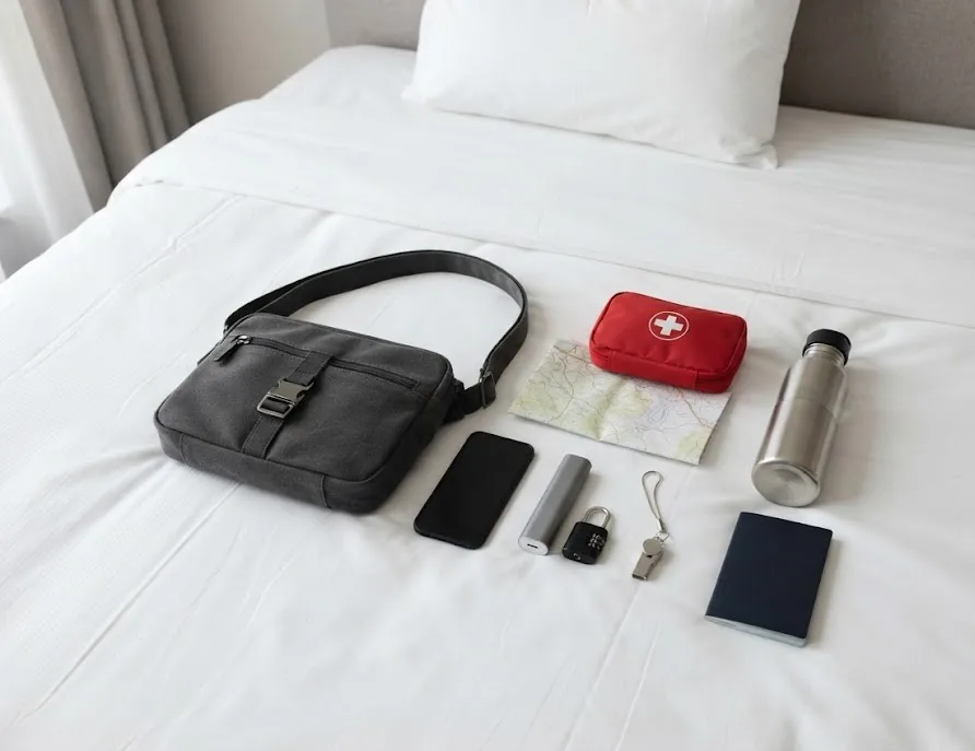 Solo travel safety kit: cross-body bag, phone, power bank, padlock, whistle and first aid kit