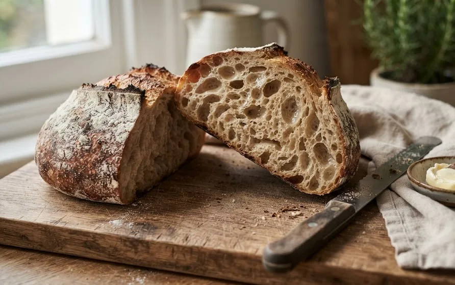 Rustic sourdough loaf cut open on a wooden board showing a wide open crumb and dark crackled crust