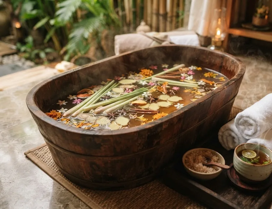 Wooden herbal bath tub with lemongrass, ginger and flowers beside rolled towels and tea