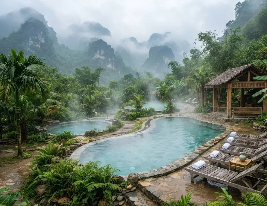 Steaming natural hot spring pools with loungers in misty green mountains