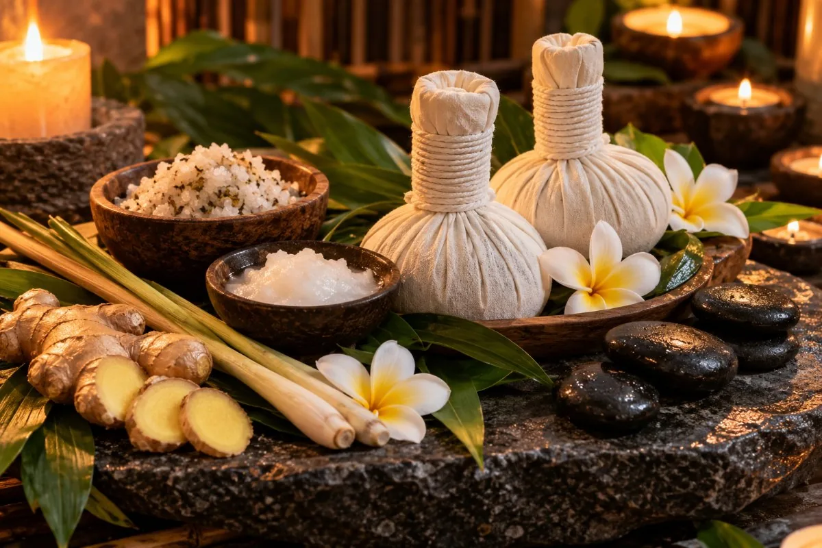 Herbal compress balls, lemongrass, ginger, salt scrub, coconut oil and hot stones