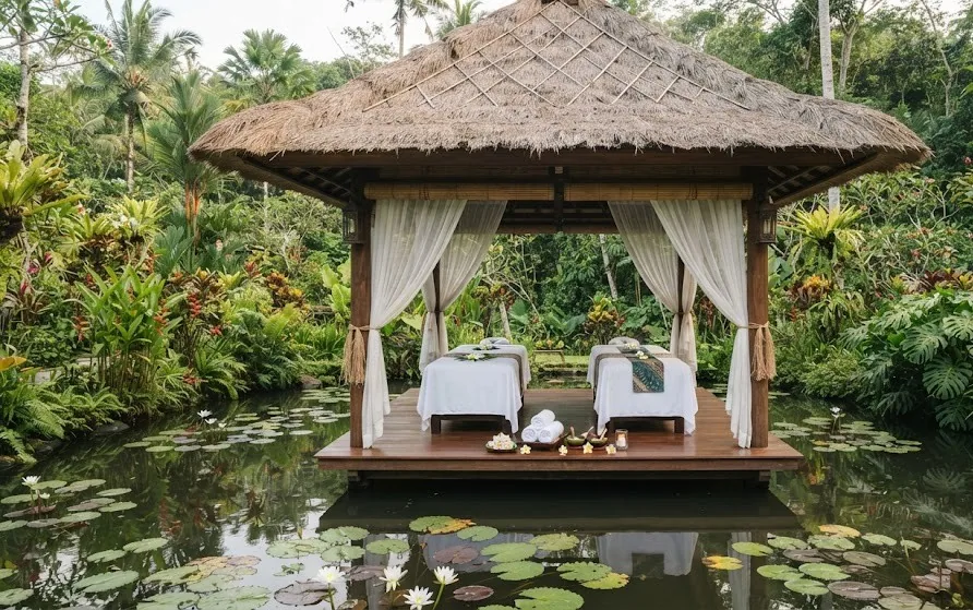 Thatched spa sala over a lily pond with two linen-dressed massage beds and drifting white curtains