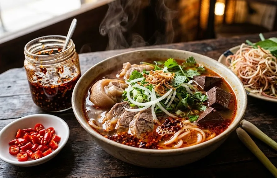 Bowl of spicy Hue-style beef noodle soup with red chilli oil, fresh chillies and chilli sauce