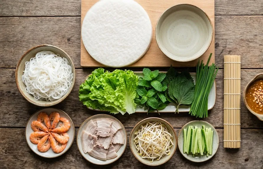 Overhead view of rice paper, vermicelli, prawns, pork, herbs and vegetables for making spring rolls