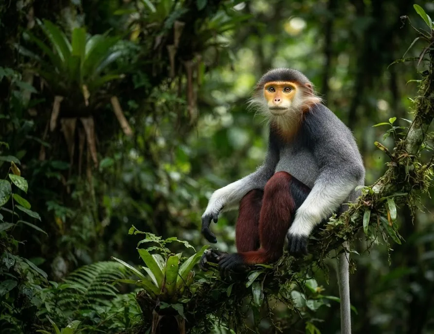 Red-shanked douc langur sitting on a mossy branch in the rainforest