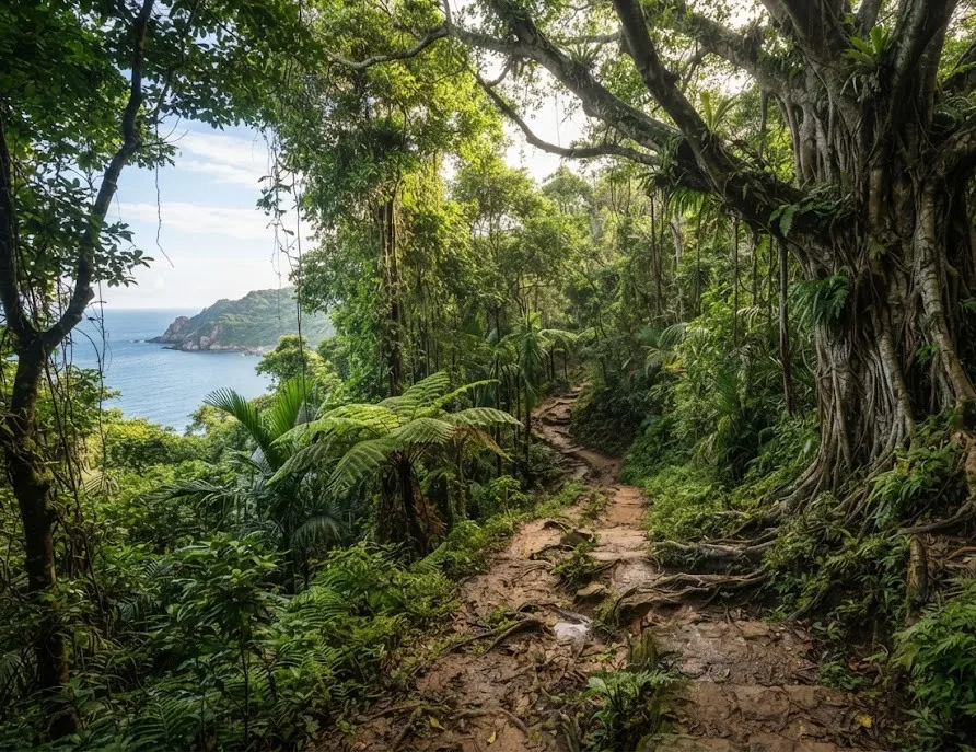 Jungle trail with roots and stone steps under a banyan tree with a view of the sea
