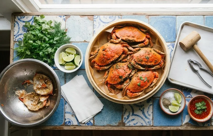 Overhead view of steamed crabs in a basket with mallet, cracker and dipping sauces