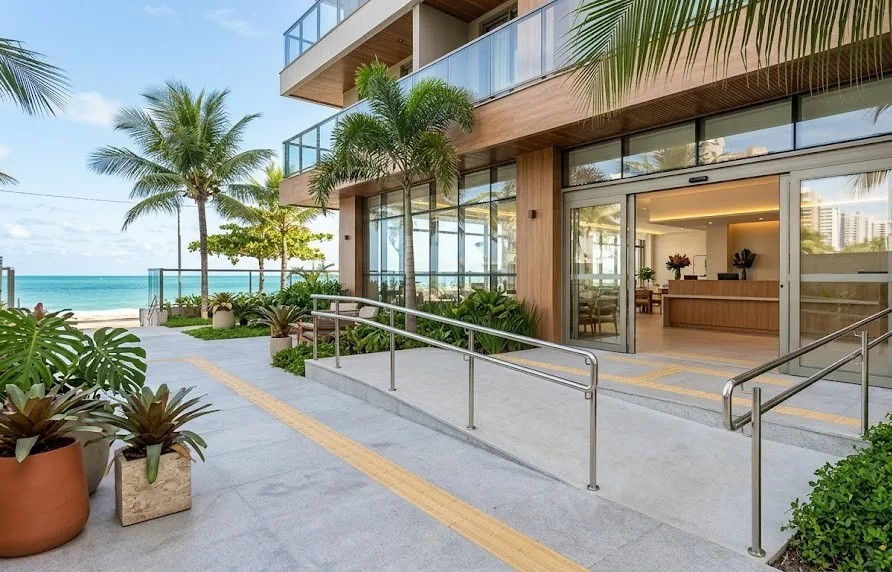 Beachfront hotel entrance with a gentle ramp, handrails, tactile paving and automatic doors