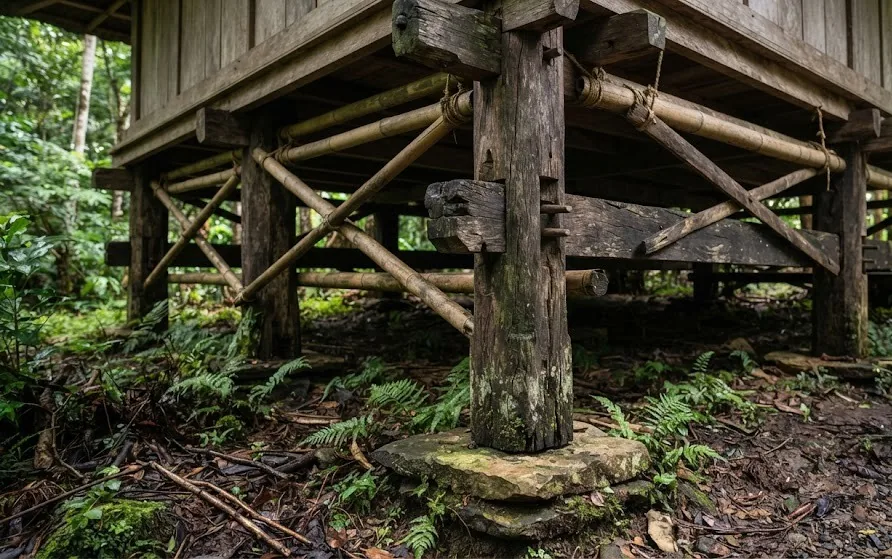 Hardwood posts on stone footings with notched joints and bamboo bracing beneath a raised house
