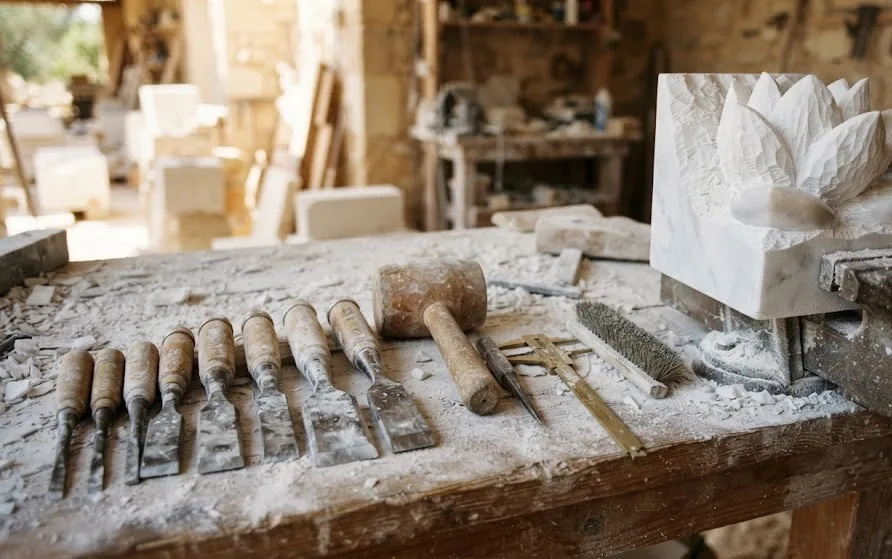 Row of chisels, a wooden mallet, calipers and brush dusted in marble powder beside a carved lotus