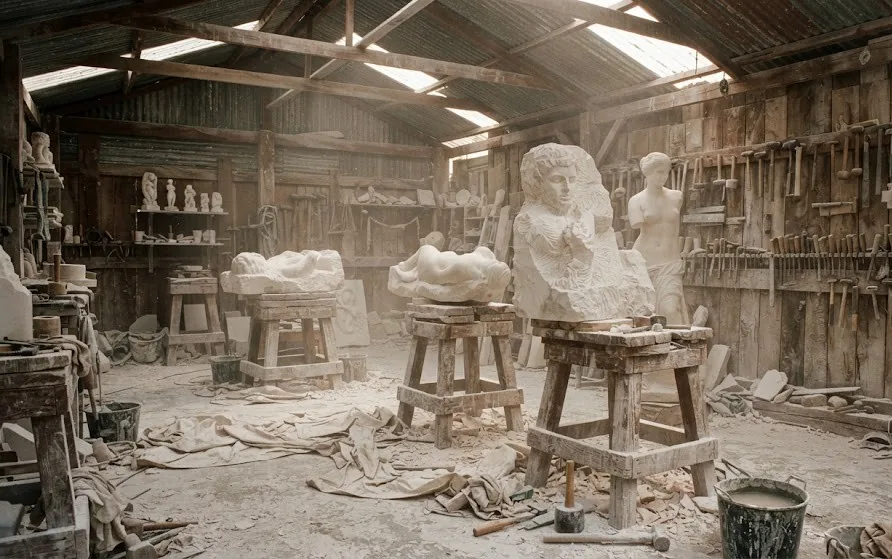 Dusty workshop interior with marble figures in progress on trestles and hand tools on the wall