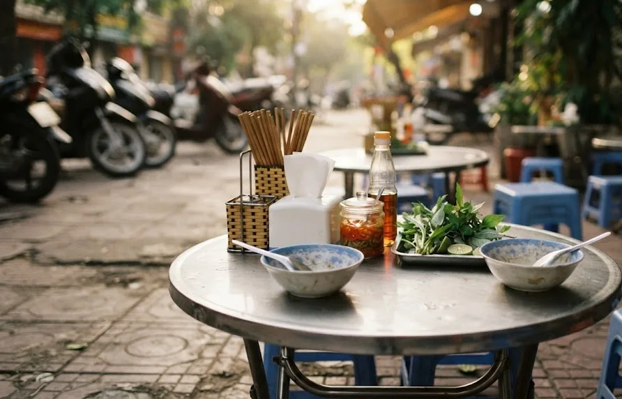 Metal street food table with chopstick holder, chilli jar, herbs and empty bowls