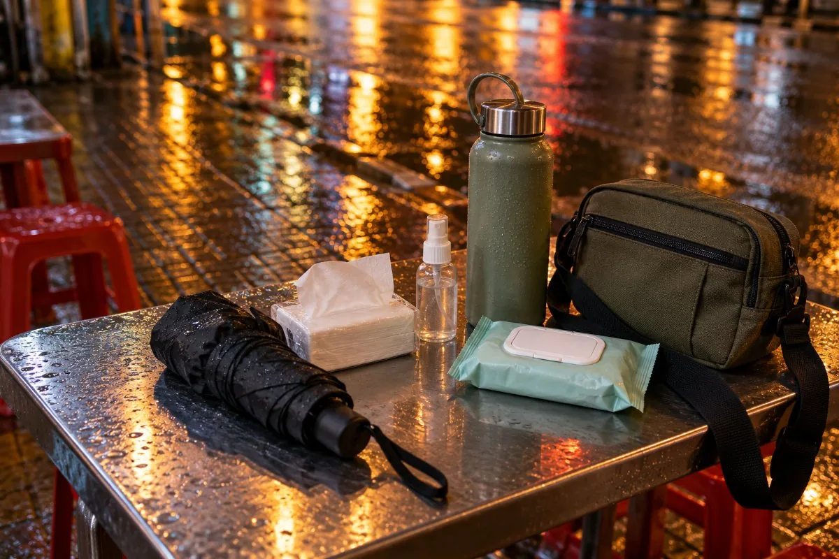 Umbrella, tissues, sanitizer, wet wipes, water bottle and crossbody bag on a wet street table