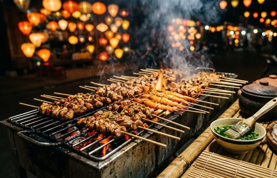 Pork and prawn skewers sizzling on a charcoal street grill with lantern bokeh behind