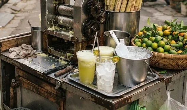 Street cart with a roller press, sugarcane stalks, calamansi, ice bucket and cups of juice