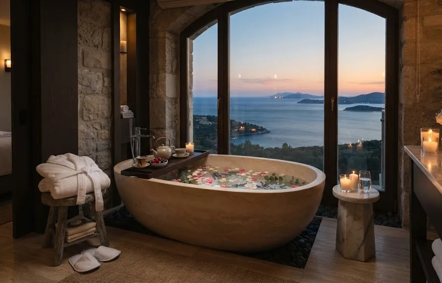 Stone bathtub with flower petals, candles, robes and tea facing the sea at dusk