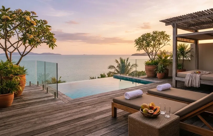 Private suite terrace with a plunge pool, loungers and frangipani above a calm sea at sunset