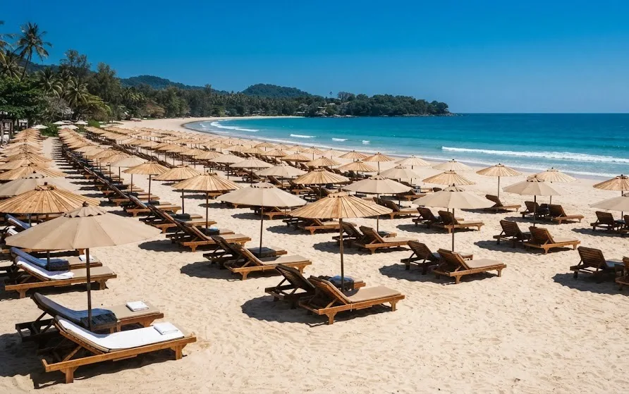 Dense rows of parasols and loungers on hot sand under a cloudless deep blue summer sky