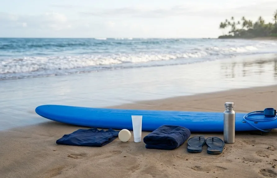 Foam surfboard, rash guard, wax, sunscreen, towel and sandals laid out on the sand by the waves