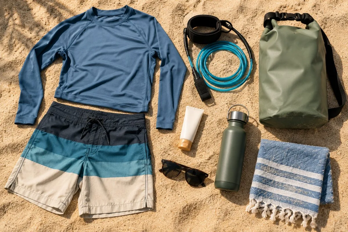 Rash guard, board shorts, leash, sunscreen, sunglasses, bottle, towel and dry bag on sand
