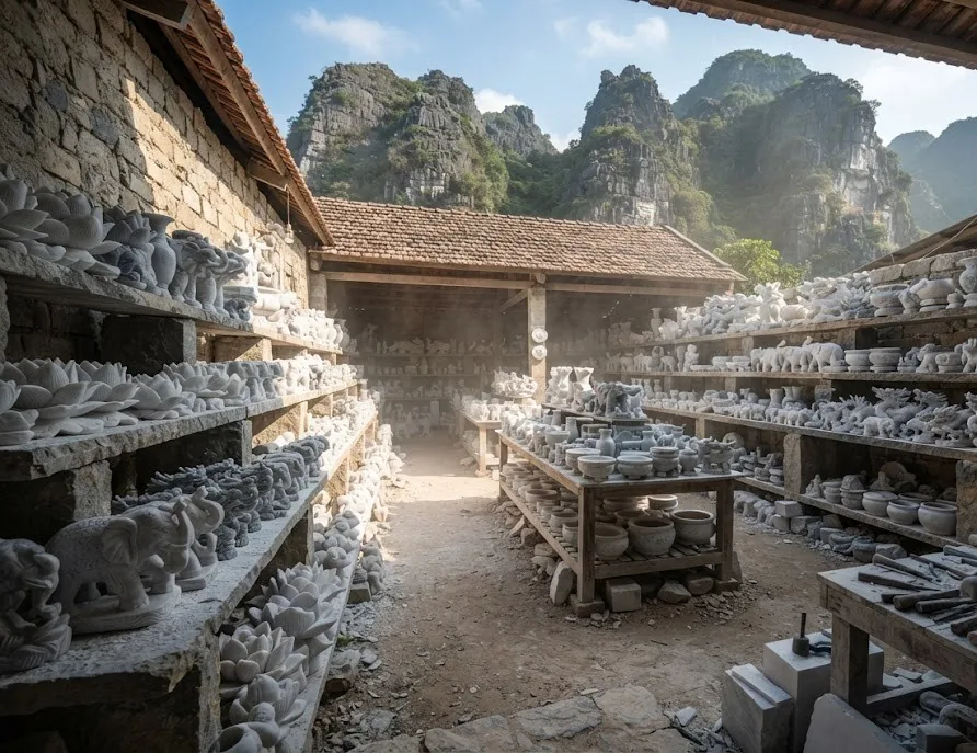Marble carving workshop with shelves of lotus and elephant sculptures below limestone peaks