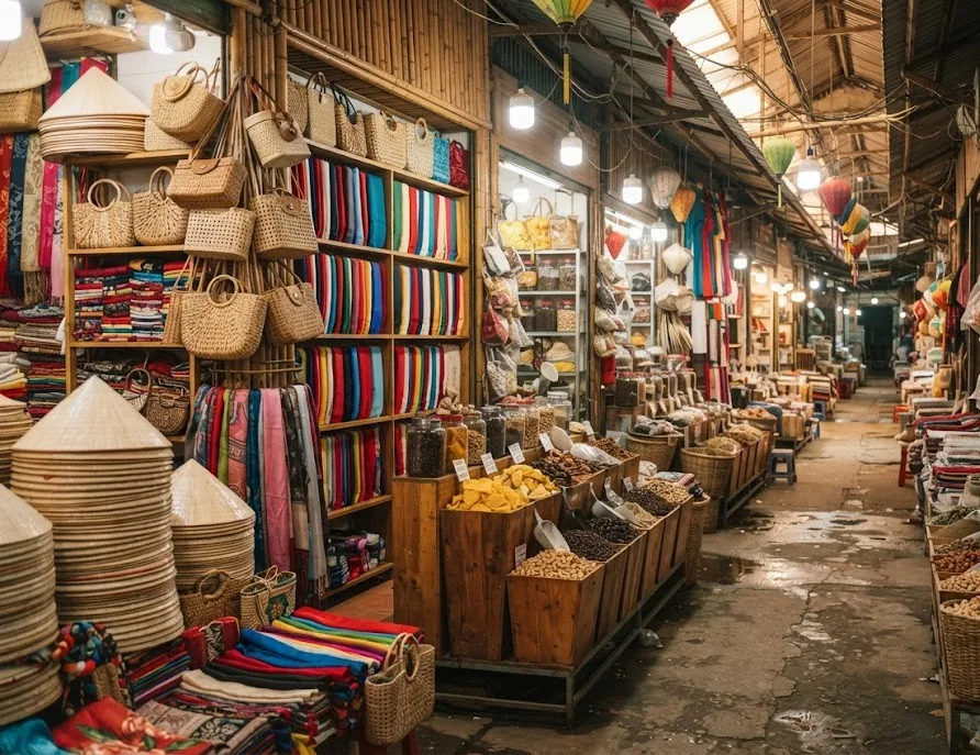 Market hall stalls with conical hats, woven bags, fabrics and bins of dried goods