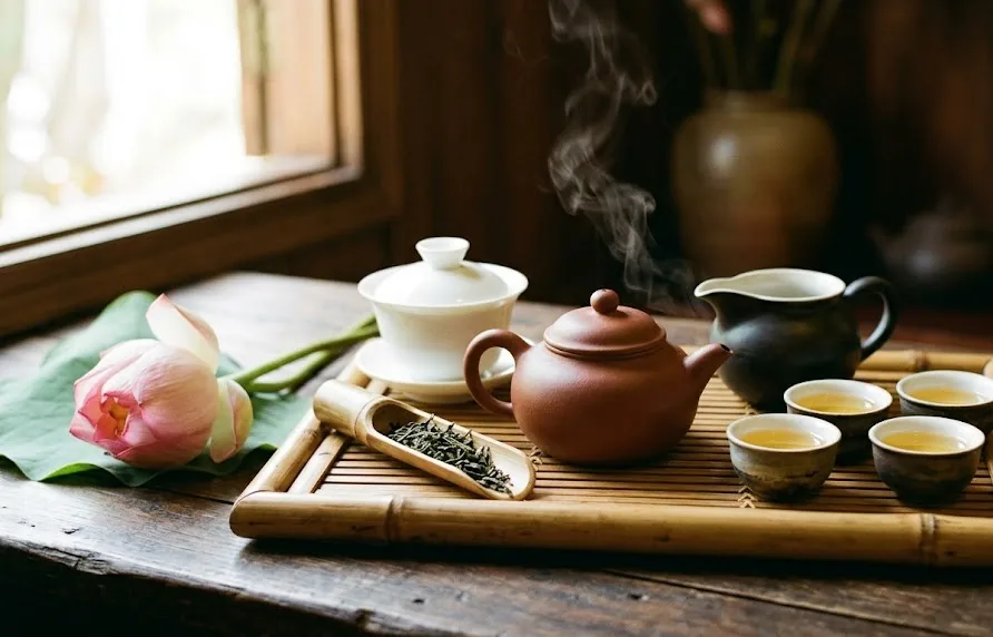 Steaming clay teapot, gaiwan and small cups on a bamboo tray beside a lotus flower